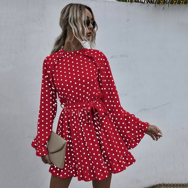 

Polka Dot Belted Ruffle Hem Swing Dress, Red