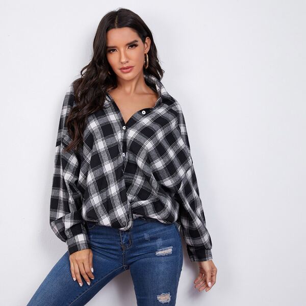 

Drop Shoulder Plaid Oversized Blouse, Black and white