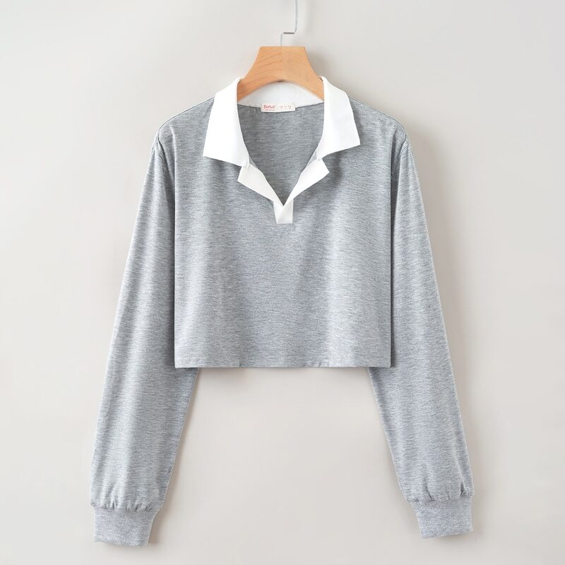 

Contrast Collar Crop Tee, Light grey