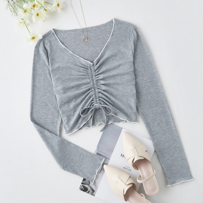 

Drawstring Front Rib Tee, Light grey