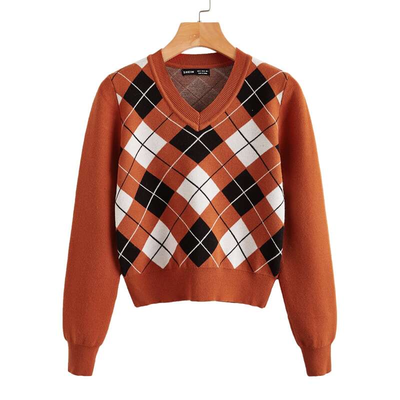 

V Neck Argyle Pattern Sweater, Burnt orange