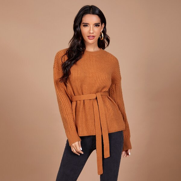 

Drop Shoulder Self Belted Sweater, Ginger