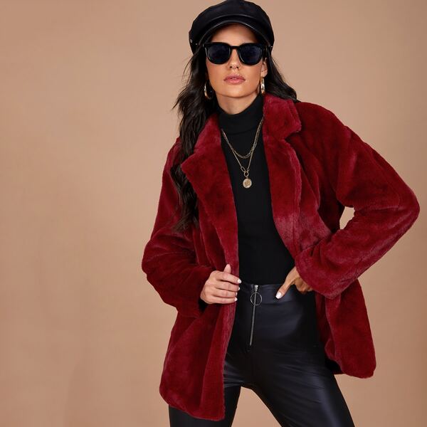 

Notched Collar Fuzzy Coat, Burgundy