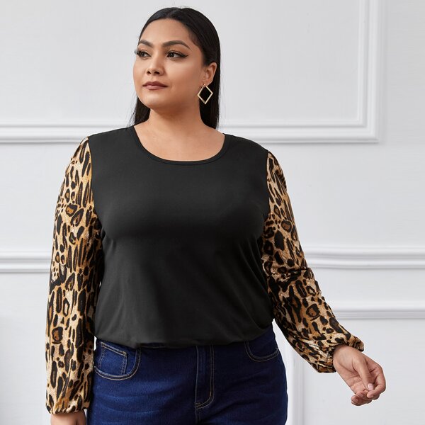 

Plus Contrast Leopard Panel Tee, Black