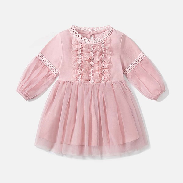 

Toddler Girls Lace Trim Floral Patched Dress, Dusty pink
