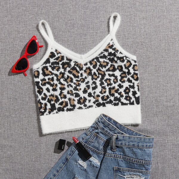 

Leopard Fuzzy Crop Knit Top, Multicolor