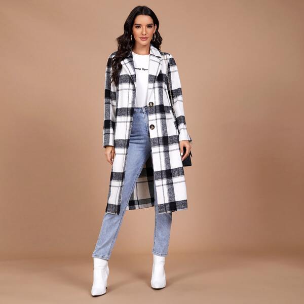 

Notched Collar Plaid Coat, Black and white