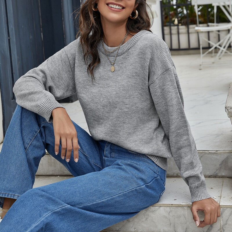 

Drop Shoulder Cut Out Back Sweater, Grey