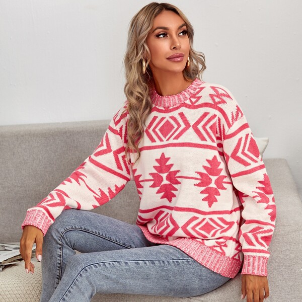 

Drop Shoulder Geo Pattern Sweater, Red and white