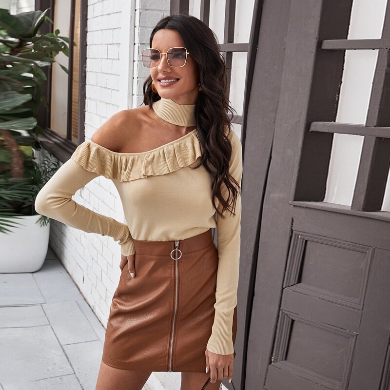 

Ruffle Trim Cut Out Shoulder Sweater, Apricot