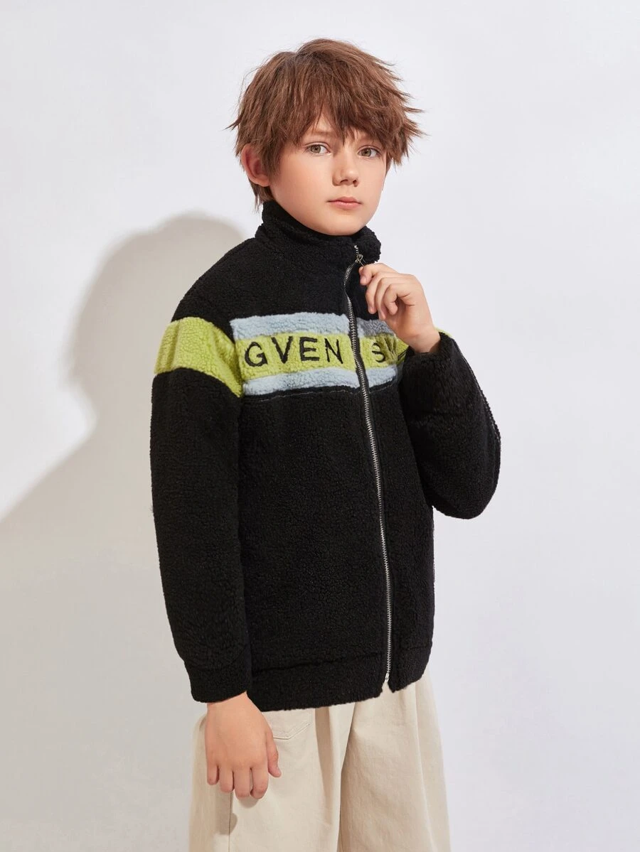 SHEIN Boys Letter Embroidery Colourblock Teddy Coat - Black - View 1