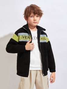 SHEIN Boys Letter Embroidery Colourblock Teddy Coat - Black - View 4
