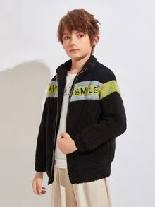 SHEIN Boys Letter Embroidery Colourblock Teddy Coat - Black - View 3