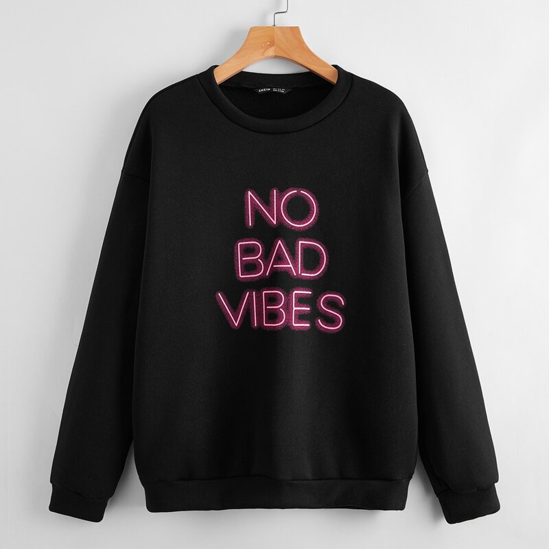 

Drop Shoulder Slogan Graphic Pullover, Black