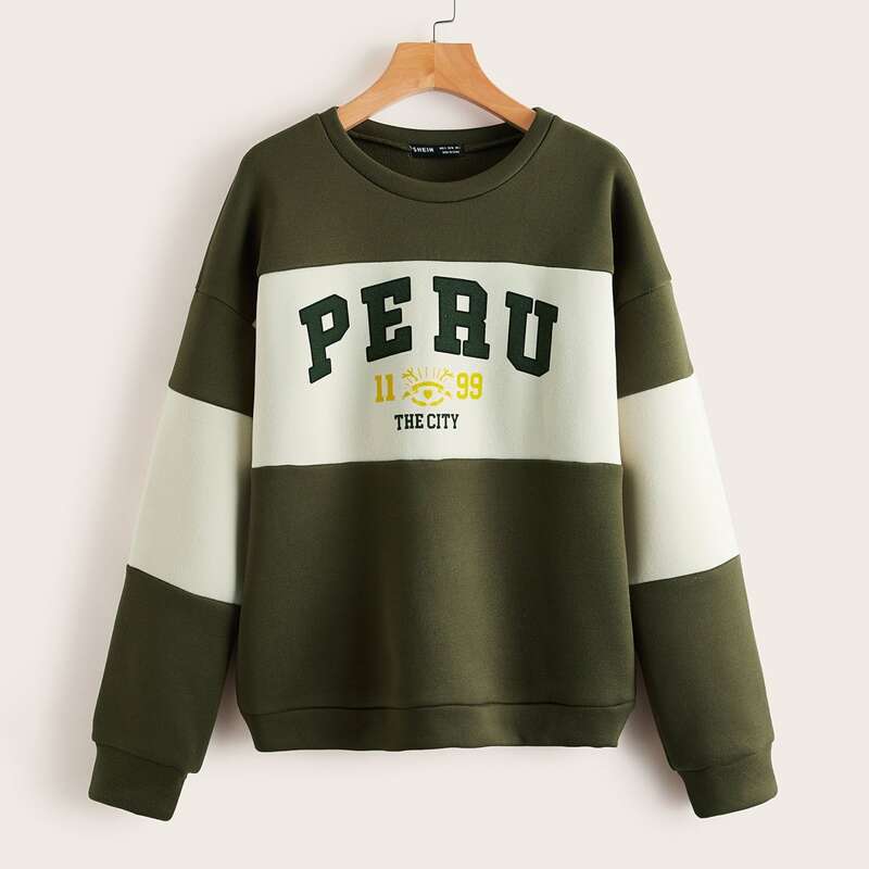

Drop Shoulder Letter Graphic Colorblock Sweatshirt, Army green
