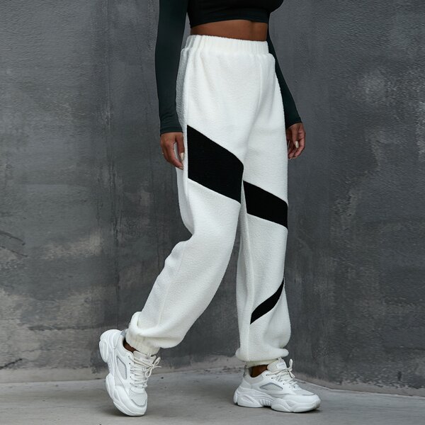 

Elastic Waist Colorblock Teddy Pants, White