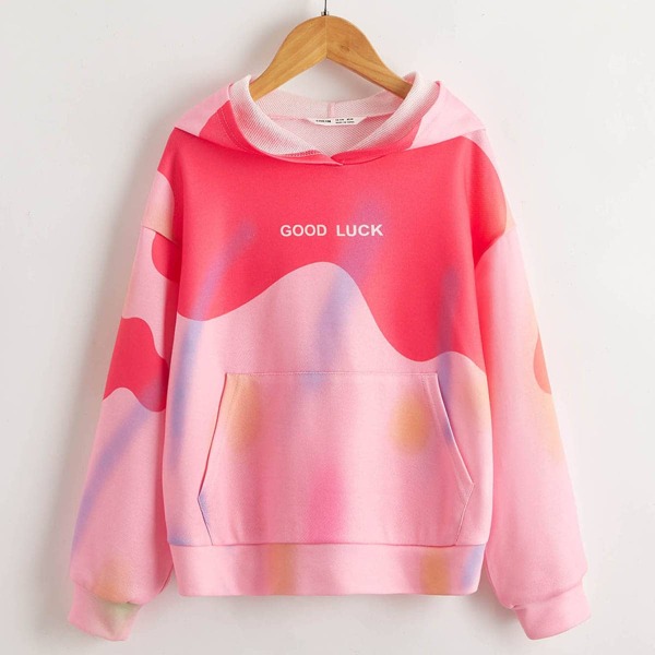 

Girls Drop Shoulder Slogan Graphic Colorblock Hoodie, Pink