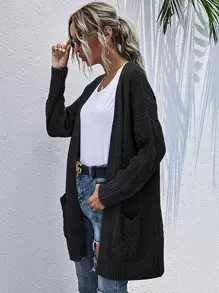 SHEIN LUNE Pocket Patched Cable Knit Cardigan - Black - View 1