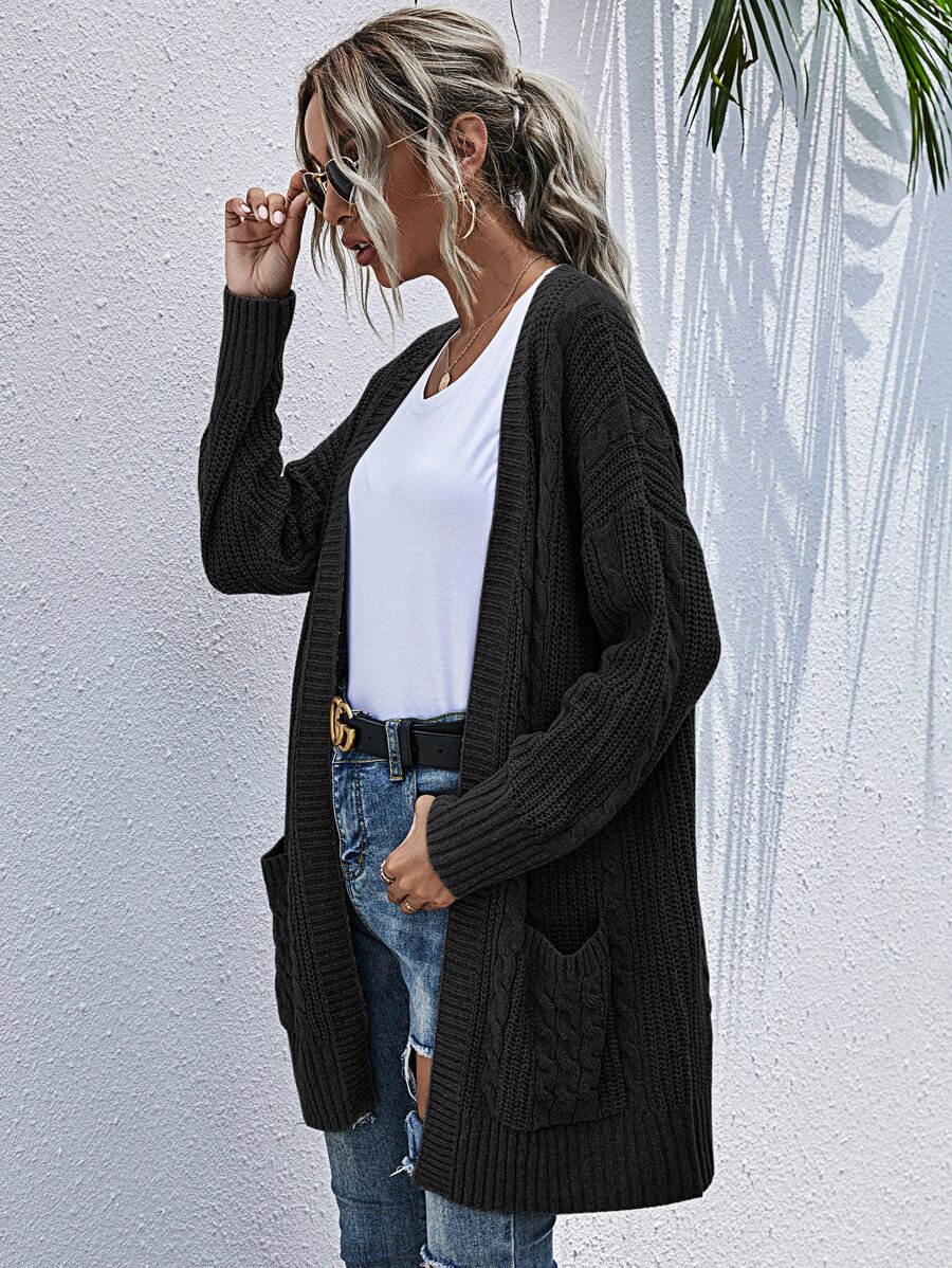 SHEIN LUNE Pocket Patched Cable Knit Cardigan - Black - View 1