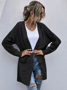 SHEIN LUNE Pocket Patched Cable Knit Cardigan - Black - View 3