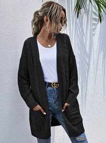 SHEIN LUNE Pocket Patched Cable Knit Cardigan - Black - View 5
