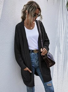 SHEIN LUNE Pocket Patched Cable Knit Cardigan - Black - View 6