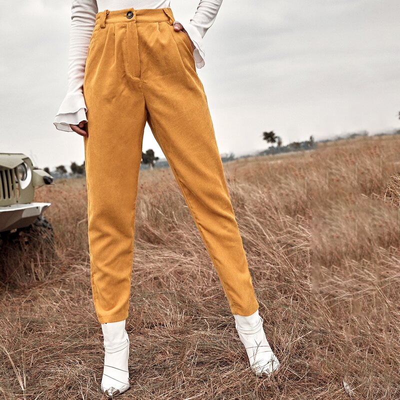 

Button Fly Slant Pocket Corduroy Pants, Yellow