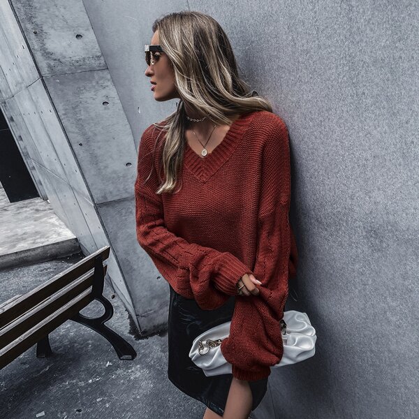 

V-neck Lantern Sleeve Sweater, Red