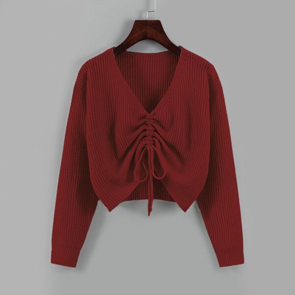 

Drawstring Front Drop Shoulder Sweater, Burgundy