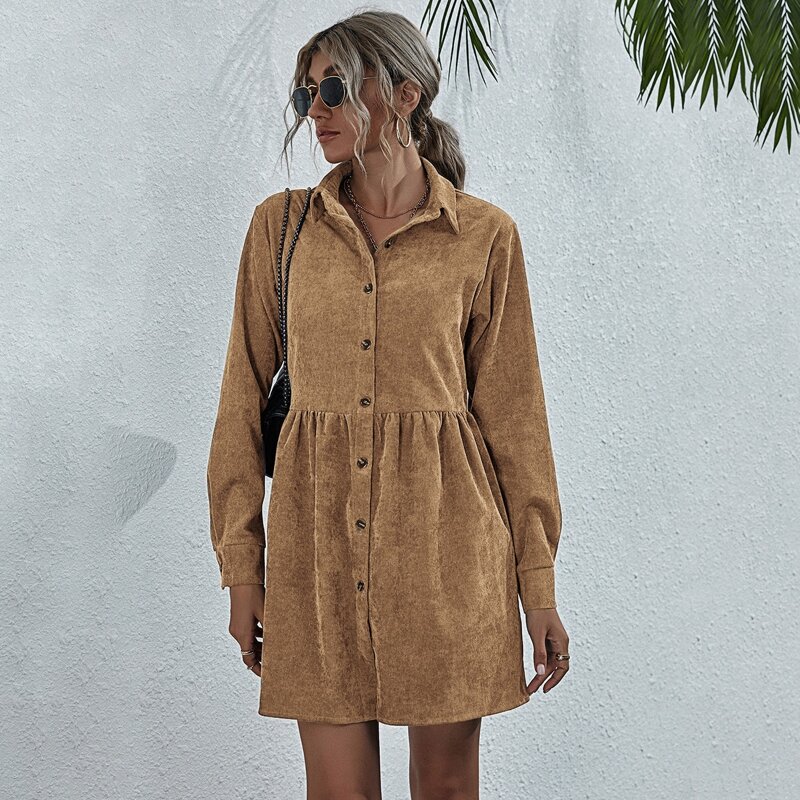 

Corduroy Button Front Shirt Babydoll Dress, Camel