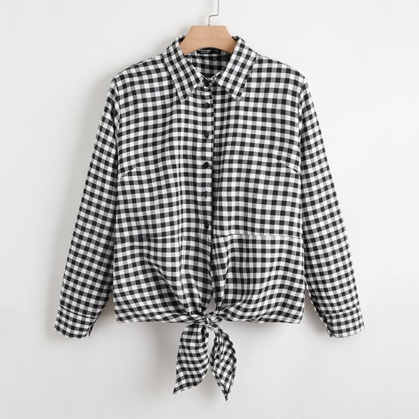 

Plus Gingham Tie Hem Button Front Blouse, Black and white