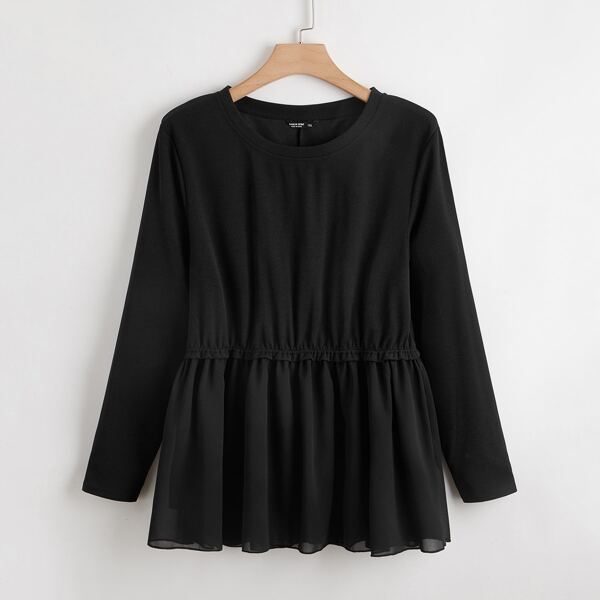 

Plus Solid Ruffle Hem Babydoll Top, Black