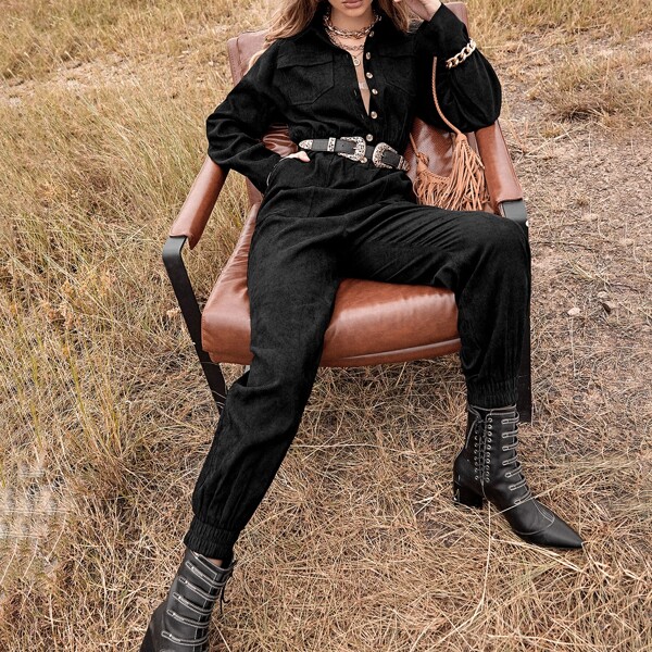 

Solid Button Front Corduroy Jumpsuit Without Belt, Black