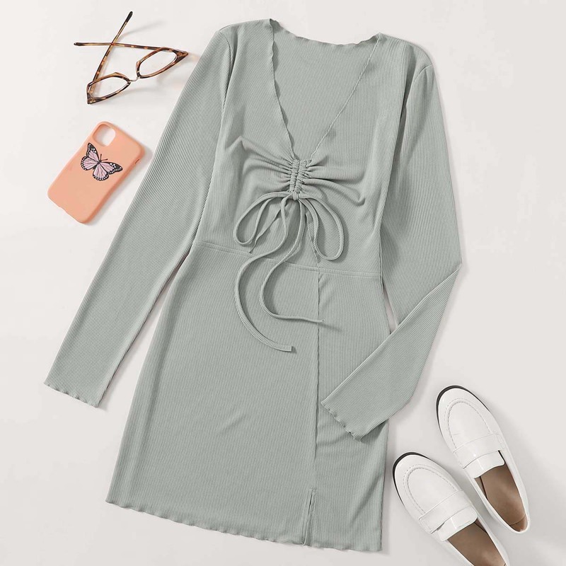 

Drawstring Cut-out Rib Dress, Grey
