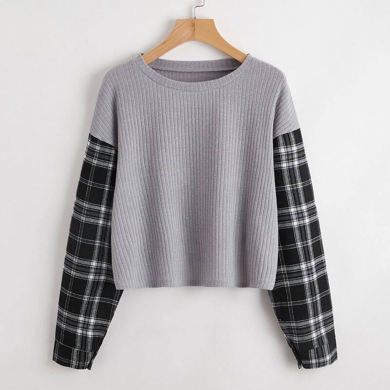 

Plaid Sleeve Rib Sweater, Grey