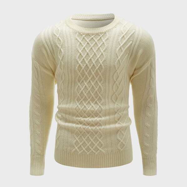 

Men Cable Knit Drop Shoulder Sweater, Beige