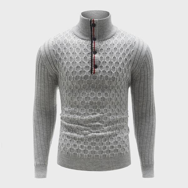 

Men Cable Knit Half Button Funnel Neck Sweater, Light grey