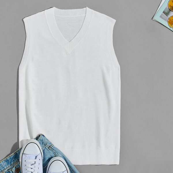 

Men Solid V Neck Sweater Vest, White