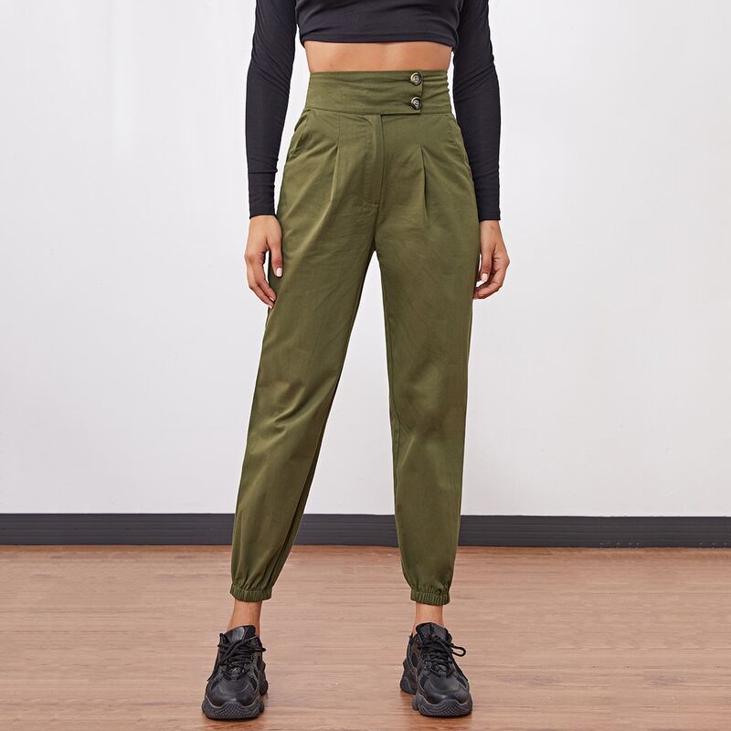 

Button Front Elastic Hem Pants, Army green