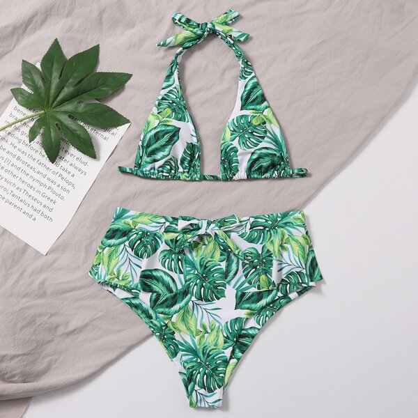 

Tropical Ruffle Halter Bikini Swimsuit, Green