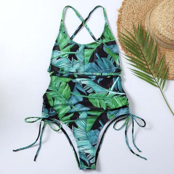 

Tropical Drawstring Side One Piece Swimsuit, Multicolor