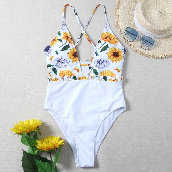 

Floral Frill Trim One Piece Swimsuit, Multicolor