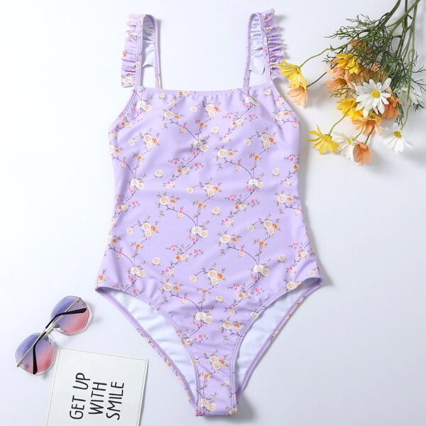 

Floral Ruffle One Piece Swimsuit, Lilac purple