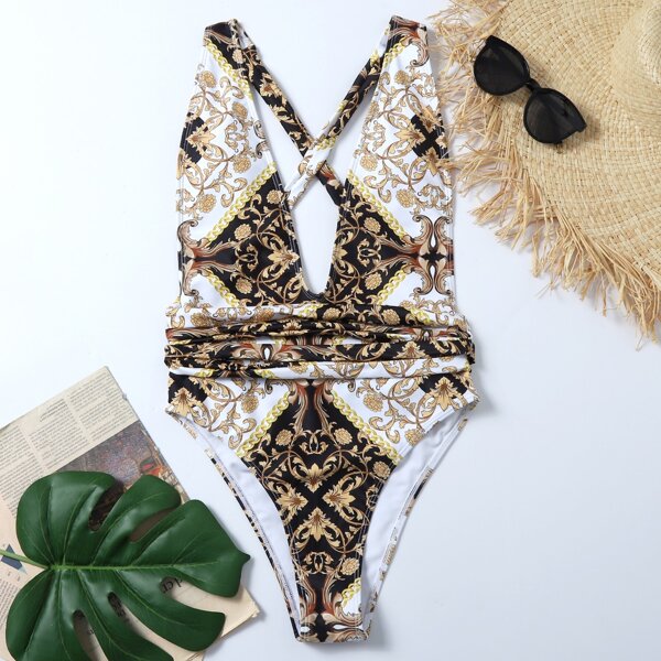 

Barque Print Plunging One Piece Swimsuit, Multicolor