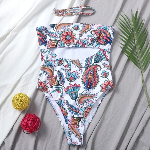

Floral Cut-out Bandeau One Piece Swimsuit, Multicolor