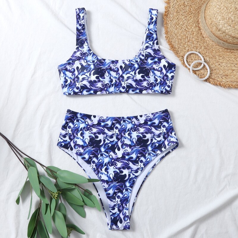 

Scroll Print High Waisted Bikini Swimsuit, Multicolor