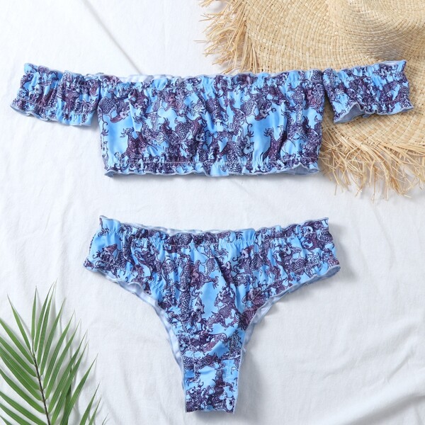 

Graphic Print Frill Bardot Bikini Swimsuit, Multicolor