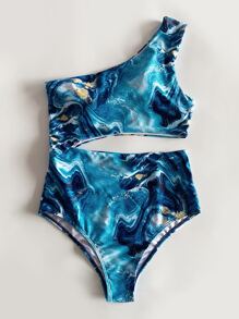 Marble Print Cut-Out Asymmetrical Neck One Piece Swimsuit, For Summer Beach Vacation - Blue - View 3