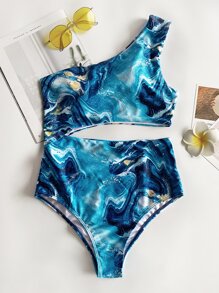 Marble Print Cut-Out Asymmetrical Neck One Piece Swimsuit, For Summer Beach Vacation - Blue - View 6
