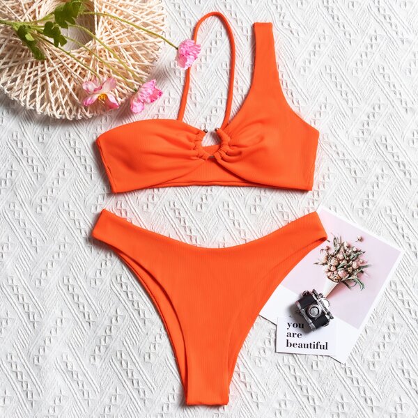 

Rib Ring Linked One Shoulder Bikini Swimsuit, Orange